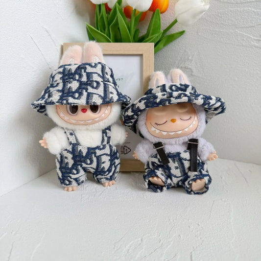17cm Labubu clothes luxury suspender pants bucket hat set Mini Plush Doll'S keychains Strap skirt Outfit Clothing Accessories
