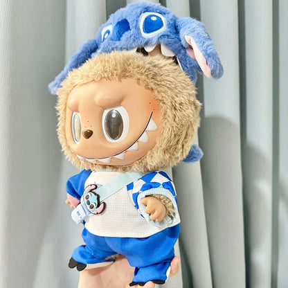 For 38cm Labubu Plush Doll Clothes Kawaii Stitch Labubu Doll Clothing Stitch Set Cute Blue Shoes Clothing Accessories