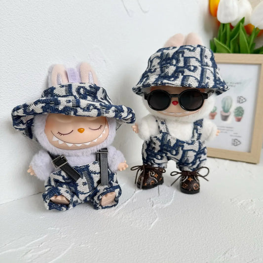 17cm Labubu clothes luxury suspender pants bucket hat set Mini Plush Doll'S keychains Strap skirt Outfit Clothing Accessories